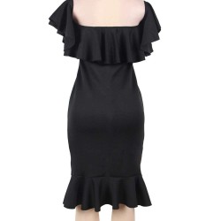 Plus Size Ruffle Off-Shoulder Midi Black Bodycon Dress