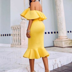 Plus Size Ruffle Off-Shoulder Bodycon Party Yellow Mermaid Dress