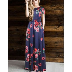 Plus Size Pocket Design Short Sleeve Navy Blue Floral Maxi Dress Plus Size Pocket Design Short Sleeve Navy Blue Floral Maxi Dress