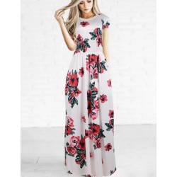 Plus Size Pocket Design Short Sleeve White Floral Maxi Dress Plus Size Pocket Design Short Sleeve White Floral Maxi Dress