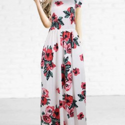Plus Size Pocket Design Short Sleeve White Floral Maxi Dress