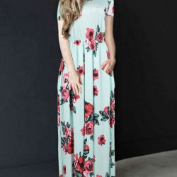 Mint Pocket Design Short Sleeve Floral Maxi Dress