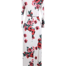 Plus Size Pocket Design Long Sleeve White Floral Maxi Dress