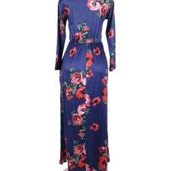 Pocket Design Long Sleeve Dark Blue Floral Maxi Dress
