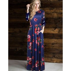 Plus Size Pocket Design Long Sleeve Dark Blue Floral Maxi Dress Plus Size Pocket Design Long Sleeve Dark Blue Floral Maxi Dress