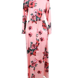 Plus Size Pocket Design Long Sleeve Pink Floral Maxi Dress