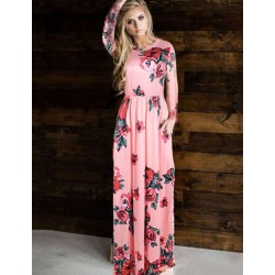 Pocket Design Pink Floral Long Sleeve Maxi Dress Pocket Design Pink Floral Long Sleeve Maxi Dress