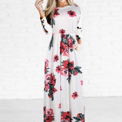 Plus Size Pocket Design Long Sleeve White Floral Maxi Dress