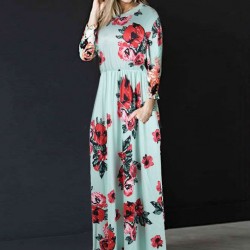 Pocket Design Green Long Sleeve Floral Maxi Dress