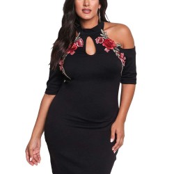 Rose Embroidery Black Mini Bodycon Dress