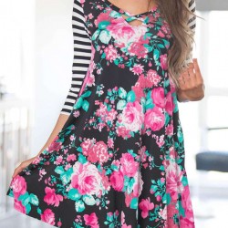 Stripe Raglan Sleeve Black Floral Print Dress