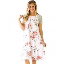 Floral Print White Backdrop A-line Loose T-shirt Dress