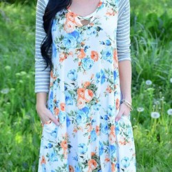 Plus Size White Floral Print Stripe Raglan Sleeve Dress