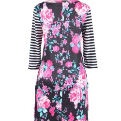 Plus Size Black Floral Print Stripe Raglan Sleeve Dress