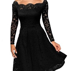 Long Sleeve Fashion Black Lace Midi Dress