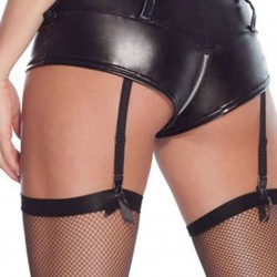Plus Size Leather Zipper Black Garter Panty