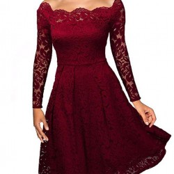 Plus Size Red Lace Long Sleeve Off Shoulder Dress