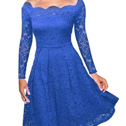 Plus Size Blue Lace Long Sleeve  Fashion Dress