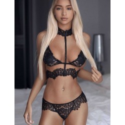 Plus Size Black Seductive Strappy Choker Lace Bra Set Plus Size Black Seductive Strappy Choker Lace Bra Set