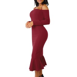 Ruffle Off-Shoulder Midi Dark Red Bodycon Dress