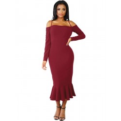Ruffle Off-Shoulder Midi Dark Red Bodycon Dress Ruffle Off-Shoulder Midi Dark Red Bodycon Dress