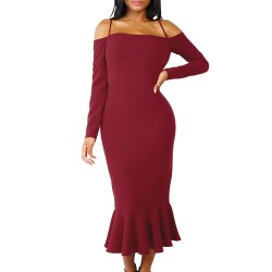 Ruffle Off-Shoulder Midi Dark Red Bodycon Dress