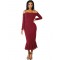 Ruffle Off-Shoulder Midi Dark Red Bodycon Dress