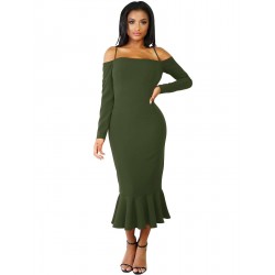 Ruffle Off-Shoulder Midi Dark Green Bodycon Dress Ruffle Off-Shoulder Midi Dark Green Bodycon Dress