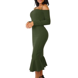 Ruffle Off-Shoulder Midi Dark Green Bodycon Dress