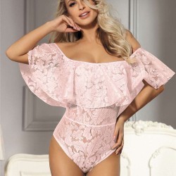 Dreamy Pink Lace Ruffle Off Shoulder Teddy