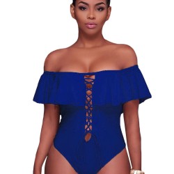 Blue Ruffle Off-The-Shoulder One Piece Swimsuit