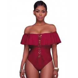 Red Ruffle Off-The-Shoulder One Piece Swimsuit Red Ruffle Off-The-Shoulder One Piece Swimsuit