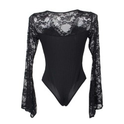 Plus Size Black Eyelashes Lace Horn Sleeve Teddy