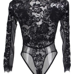 Plus Size Black Eyelashes Lace Open-chest Long-sleeved Teddy