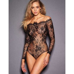 Plus Size Black Eyelashes Lace Long-sleeved Teddy Plus Size Black Eyelashes Lace Long-sleeved Teddy