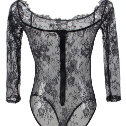 Plus Size Black Eyelashes Lace Long-sleeved Teddy