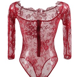 Plus Size Red Eyelashes Lace Long-sleeved Teddy Plus Size Red Eyelashes Lace Long-sleeved Teddy