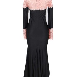 Boat Neck Pink Lace Evening Gown