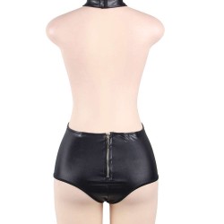 Black Leather Choker Neck Teddy