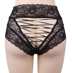 Plus Size Sexy Black High Waist Lace Strappy Panty