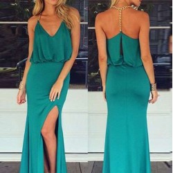 Gold Chain Halter Maxi Green Dress with T Back