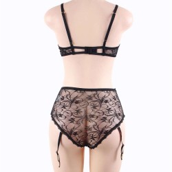 Plus Size Black Lace Open Bust Bra And Garter Panty Set With Steel Ring