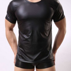 Men's Leather Underwear Short Sleeve T-shirt Undershirt Lingerie Top