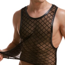 Men Sexy Mesh Plaid Transparent Tank Tops Undershirts For Fun Party Vest 