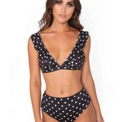Black Sexy Deep-V Ruffled Polka Dot Bikini