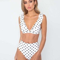 White Sexy Deep-V Ruffled Polka Dot Bikini