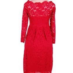 Long Sleeve Fashion Red Lace Midi Dress