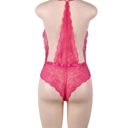 Plus Size Pink Deep V Exquisite Lace Teddy
