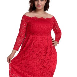 Plus Size Long Sleeve Fashion Red Lace Midi Dress