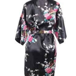  Flower And Bird Short Kimono Black Satin  Wrap  Pajamas 